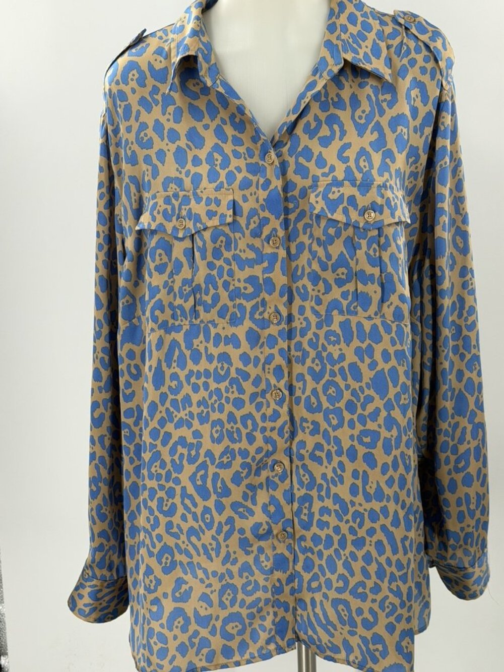 Jones New York Signature Blouse Silky Blue Tan Animal Print Long Sleeve 3X